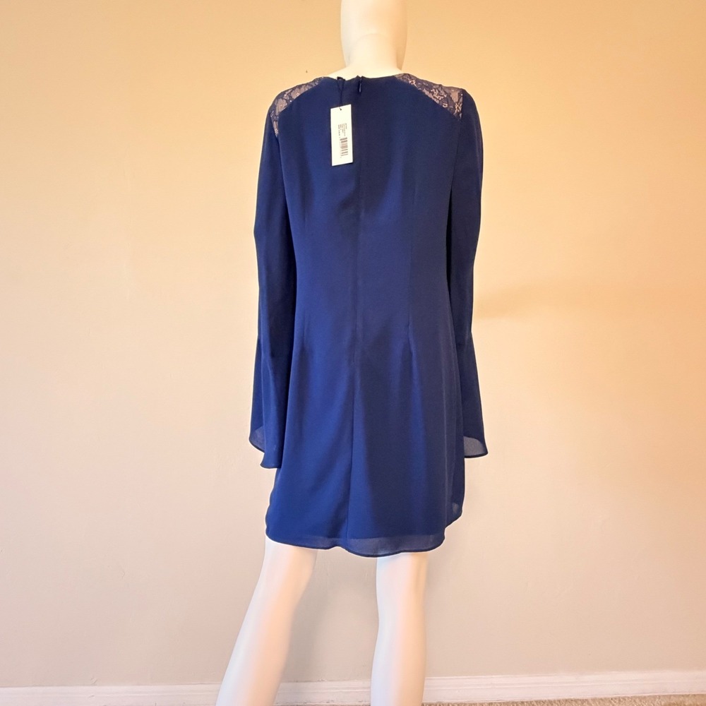 NWT Halston Heritage Lace Insert Dress Navy Blue Ruffle Sleeve Mini Dress Size 8 - Picture 7 of 15